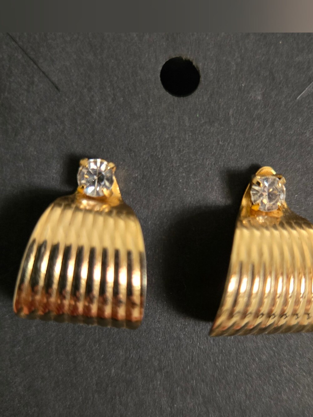 Gold-Tone Ribbed Wave Earrings with Clear Stone Accent